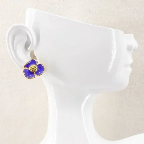 Tory Burch Fleur Flower Stud Earrings Purple OS - Picture 14 of 14